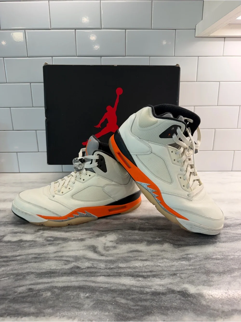 Air Jordan 5 Men’s High-Top Sneakers in White, Orange & Black